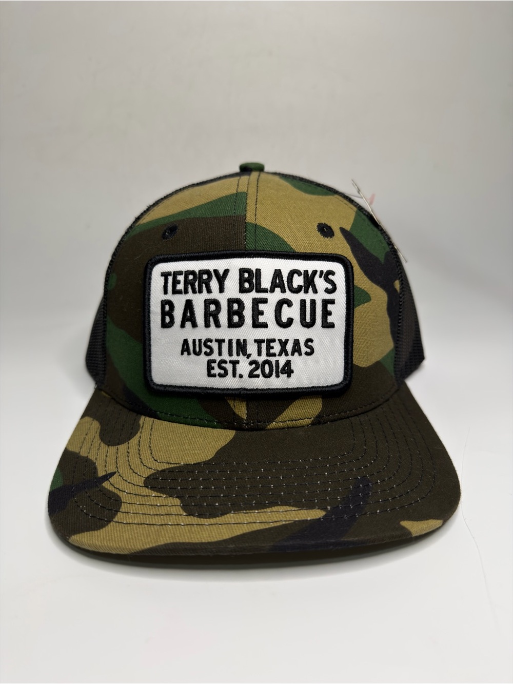 NWT Terry Black's Barbecue BBQ Austin TX Green Camo Mesh Snapback Hat